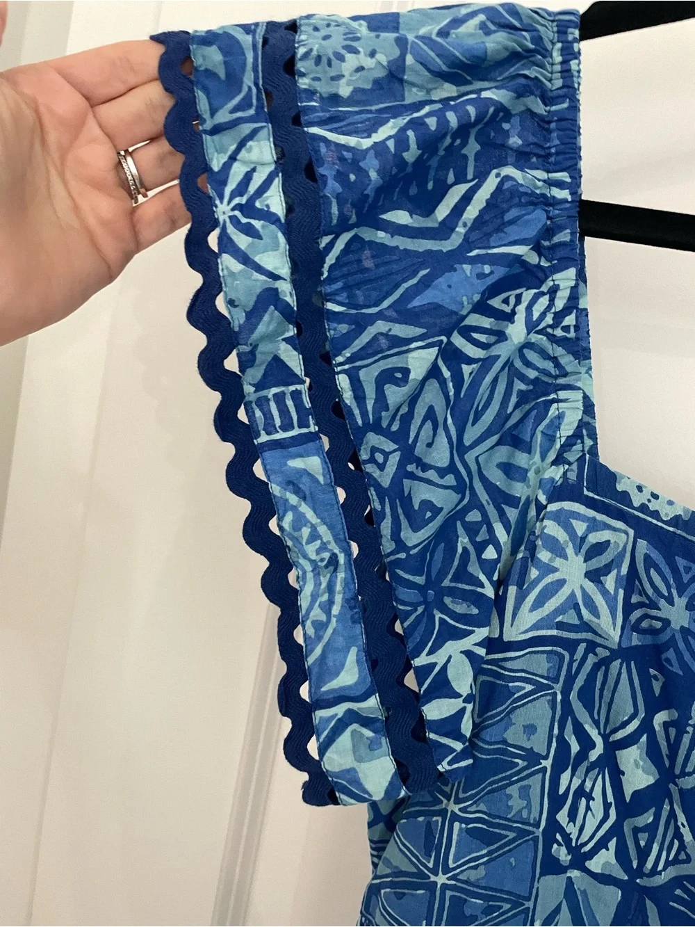 Olivia James Brooke Dress Native Dusk Blue Coastal Luxury Ruffle.         Sk6